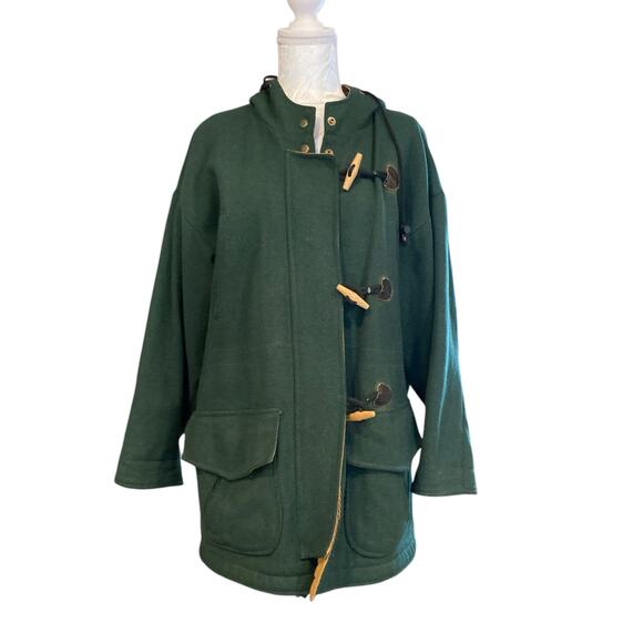 Vintage Jackets & Blazers - Vintage Forest Green Wool Toggle Duffle Coat Women’s Large Hooded Academia